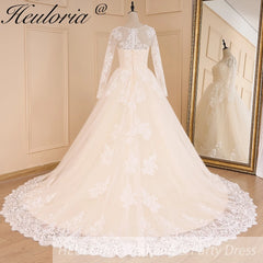 HEULORIA vestido de fiesta de princesa vestido de novia de manga larga vestido de novia cuello redondo de talla grande vestido de novia de encaje con cuentas 