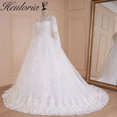 HEULORIA vestido de fiesta de princesa vestido de novia de manga larga vestido de novia cuello redondo de talla grande vestido de novia de encaje con cuentas 