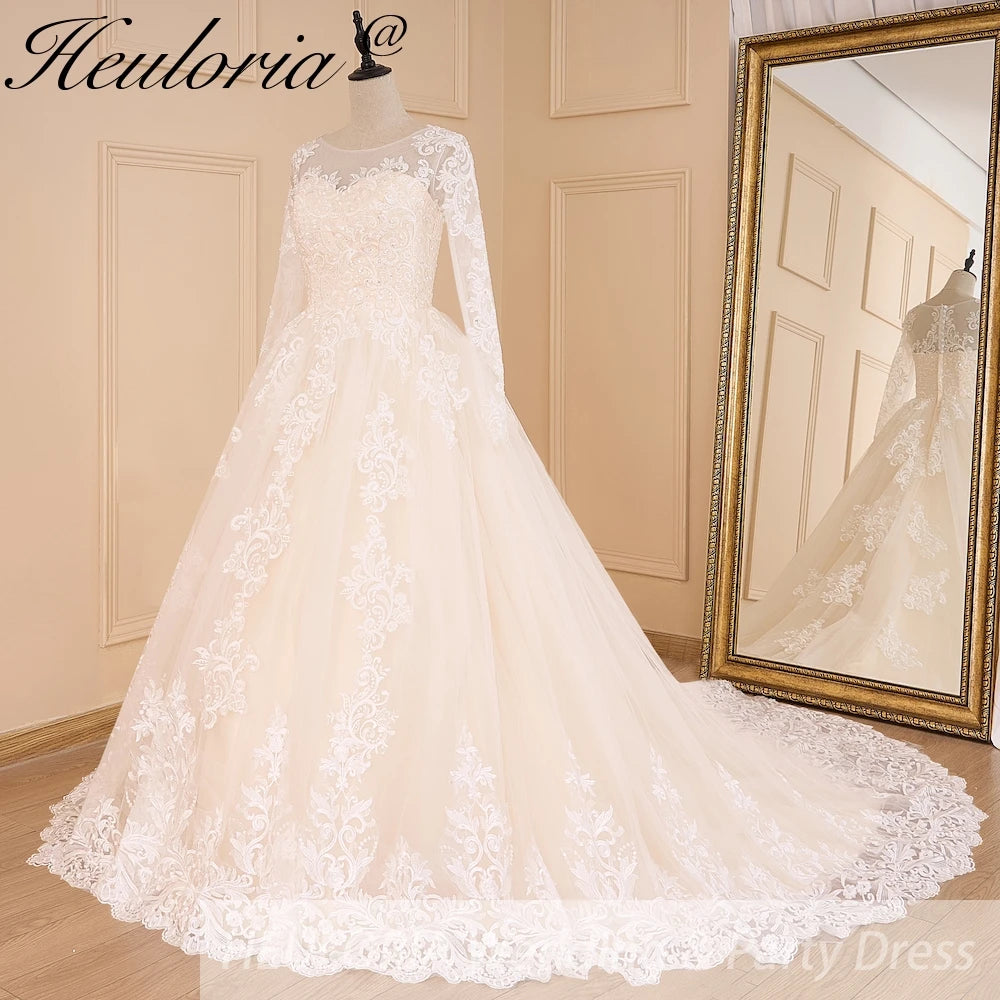HEULORIA Princess Ball Gown Wedding Dress long sleeve bride dress O neck plus size robe de mariee Lace beading  Bridal Gown BA-599
