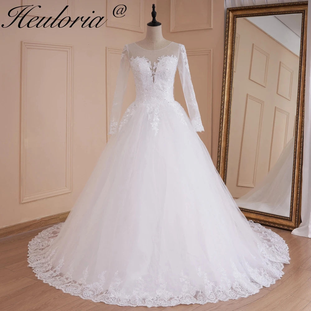 HEULORIA princesse robe de bal robe de mariée à manches longues robe de mariée col rond grande taille robe de mariée dentelle perles robe de mariée 