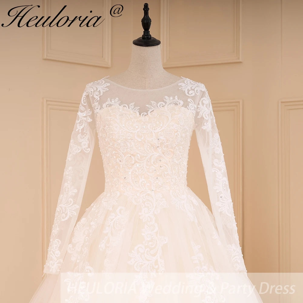 HEULORIA Princess Ball Gown Wedding Dress long sleeve bride dress O neck plus size robe de mariee Lace beading  Bridal Gown BA-599