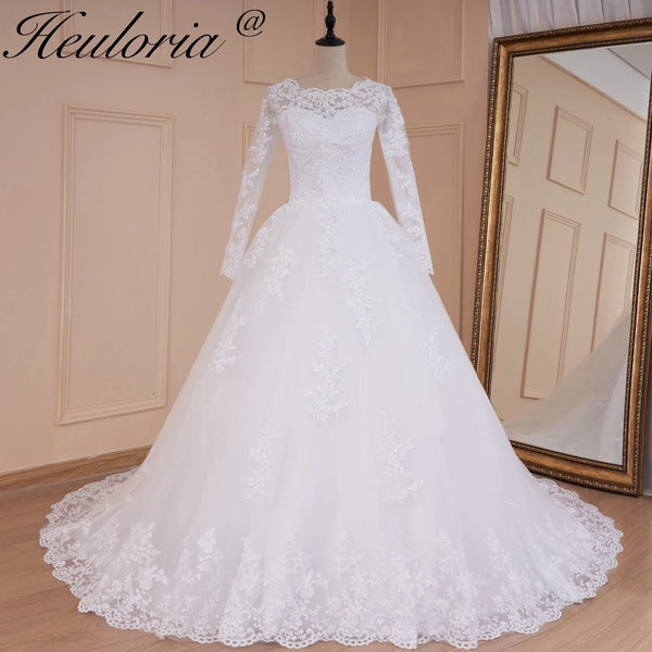 HEULORIA Princess Ball Gown Wedding Dress long sleeve bride dress O neck plus size robe de mariee Lace beading Bridal Gown