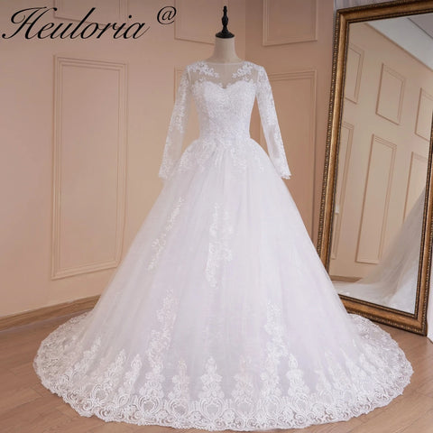 HEULORIA Princess Ball Gown Wedding Dress long sleeve bride dress O neck plus size robe de mariee Lace beading Bridal Gown