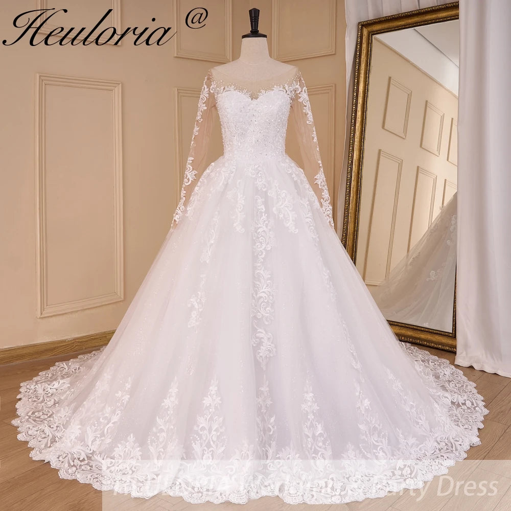 HEULORIA Princess Ball Gown Wedding Dress long sleeve bride dress off shoulder plus size robe de mariee Lace beads Bridal Gown BA-778A