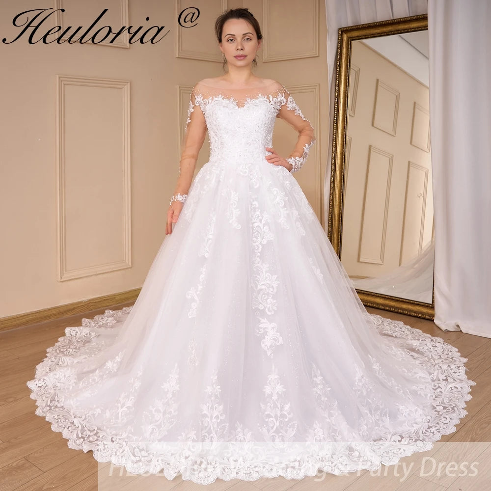 HEULORIA Princess Ball Gown Wedding Dress long sleeve bride dress off shoulder plus size robe de mariee Lace beads Bridal Gown