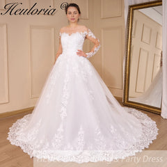 HEULORIA Princess Ball Gown Wedding Dress long sleeve bride dress off shoulder plus size robe de mariee Lace beads Bridal Gown