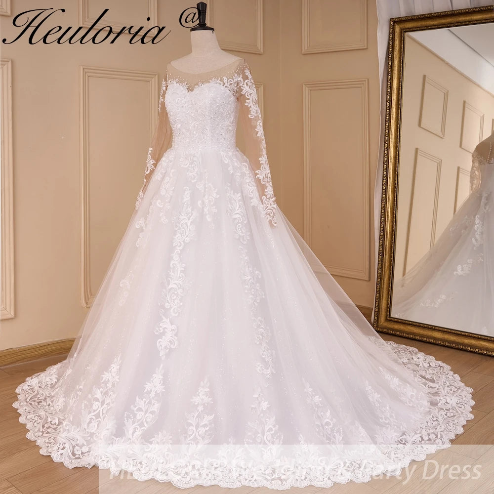 HEULORIA Princess Ball Gown Wedding Dress long sleeve bride dress off shoulder plus size robe de mariee Lace beads Bridal Gown BA-778A