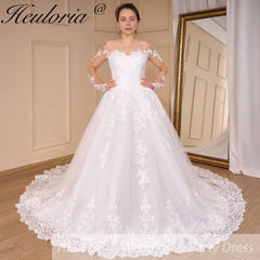HEULORIA Princess Ball Gown Wedding Dress long sleeve bride dress off shoulder plus size robe de mariee Lace beads Bridal Gown