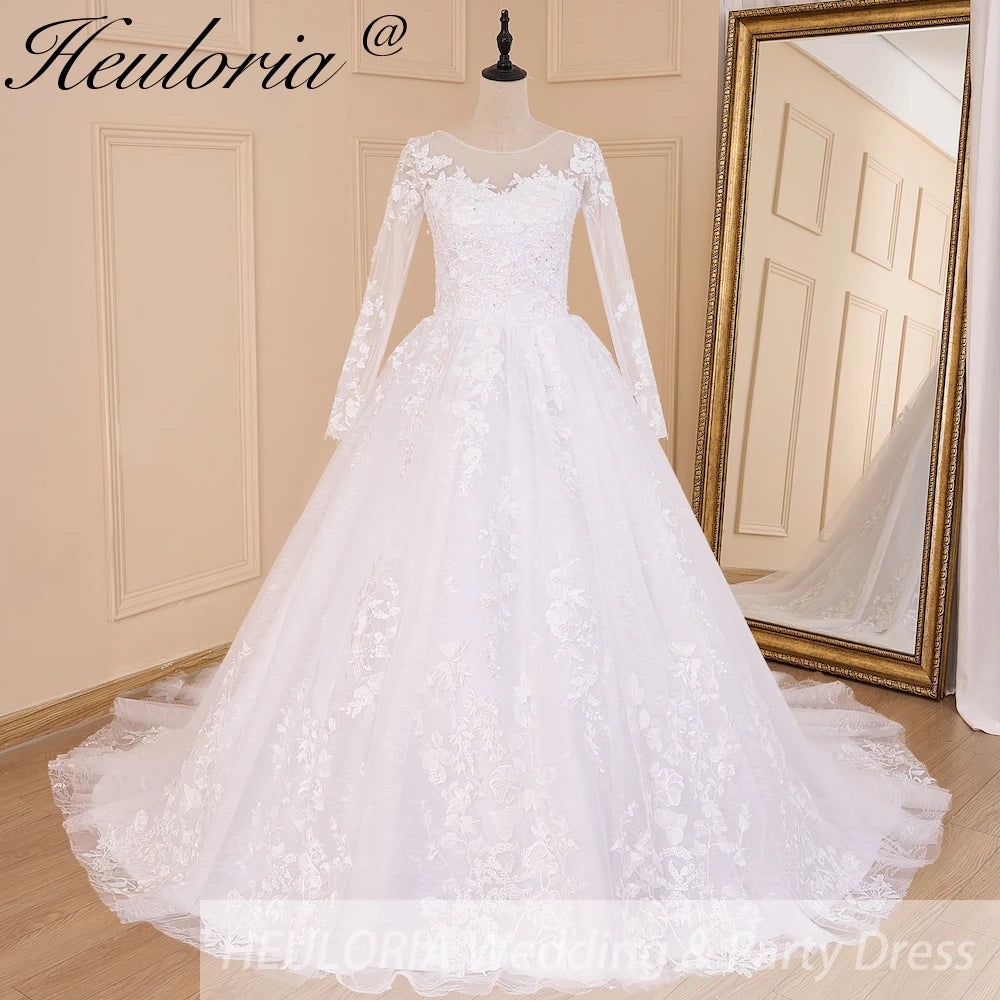 HEULORIA Princess Ball Gown Wedding Dress long sleeve bride dress plus size robe de mariee Lace beading Wedding Gown court train