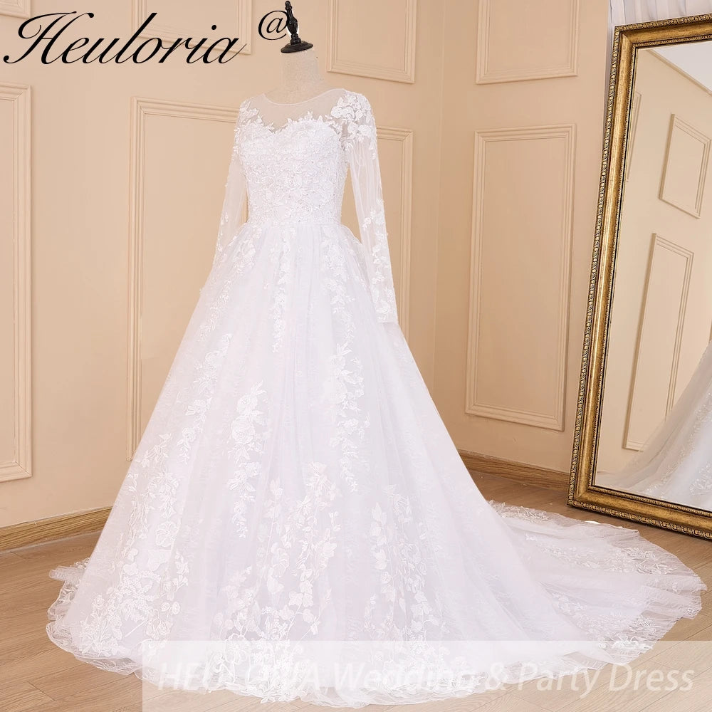 HEULORIA Princess Ball Gown Wedding Dress long sleeve bride dress plus size robe de mariee Lace beading Wedding Gown court train BA-601