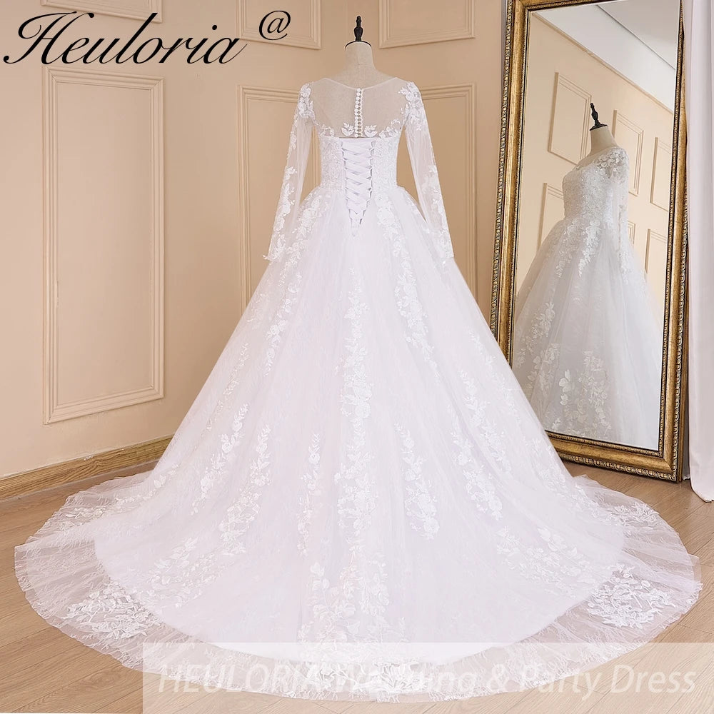HEULORIA Princess Ball Gown Wedding Dress long sleeve bride dress plus size robe de mariee Lace beading Wedding Gown court train BA-601
