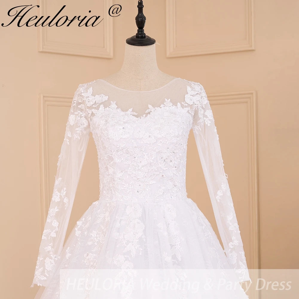 HEULORIA Princess Ball Gown Wedding Dress long sleeve bride dress plus size robe de mariee Lace beading Wedding Gown court train BA-601