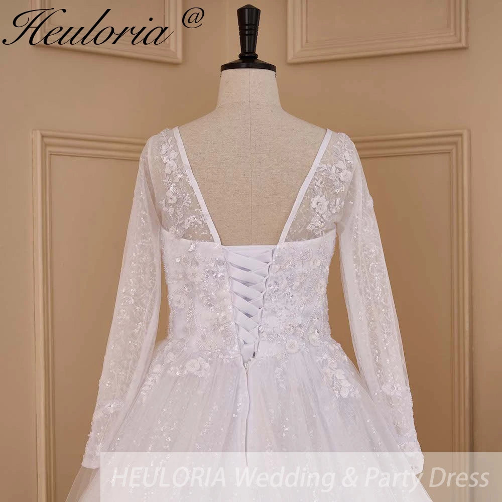 HEULORIA Princess Ball Gown Wedding Dress long sleeve sweetheart plus size robe de mariee Lace beading bride dress court train BA-654