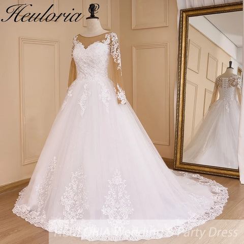 HEULORIA Princess Ball Gown Wedding Dress long sleeve sweetheart plus size robe de mariee Lace beading bride dress court train