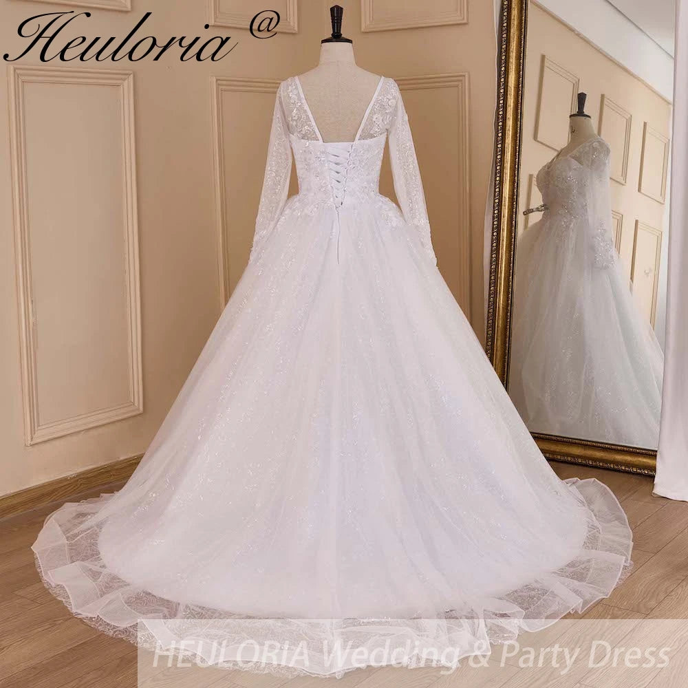HEULORIA Princess Ball Gown Wedding Dress long sleeve sweetheart plus size robe de mariee Lace beading bride dress court train BA-654