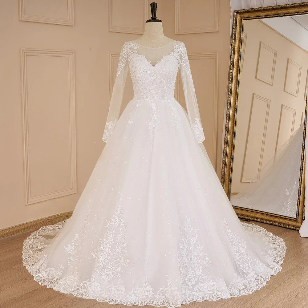 HEULORIA Princess Ball Gown Wedding Dress long sleeve sweetheart plus size robe de mariee Lace beading bride dress court train BA-640