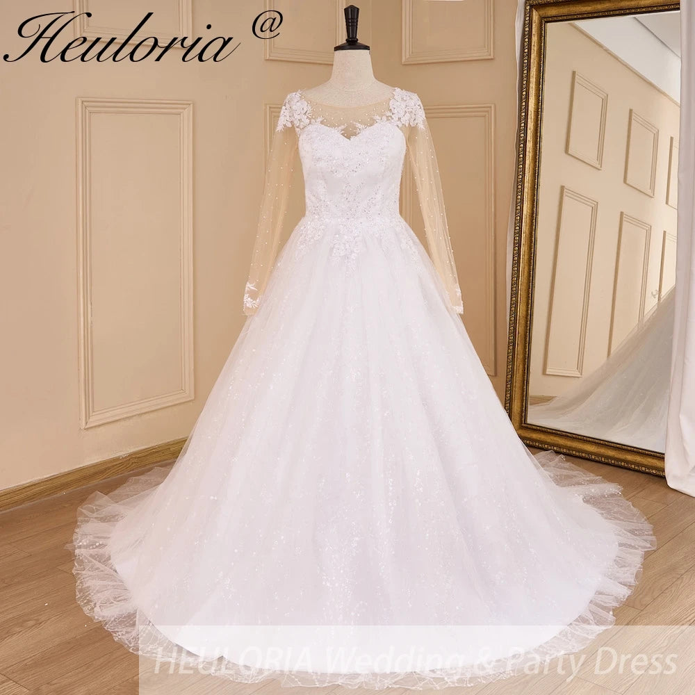 HEULORIA Princess Ball Gown Wedding Dress long sleeve sweetheart plus size robe de mariee Lace beading bride dress court train BA-649