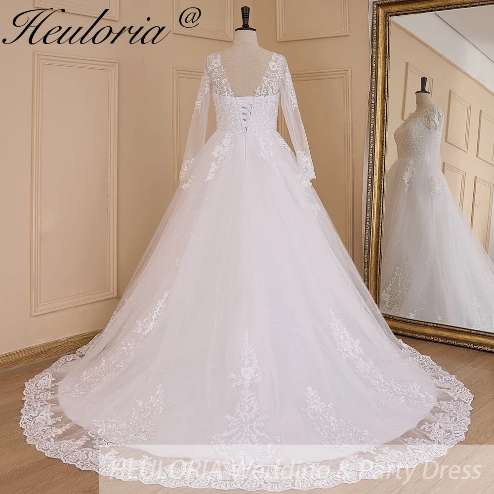 HEULORIA Princess Ball Gown Wedding Dress long sleeve sweetheart plus size robe de mariee Lace beading bride dress court train BA-640