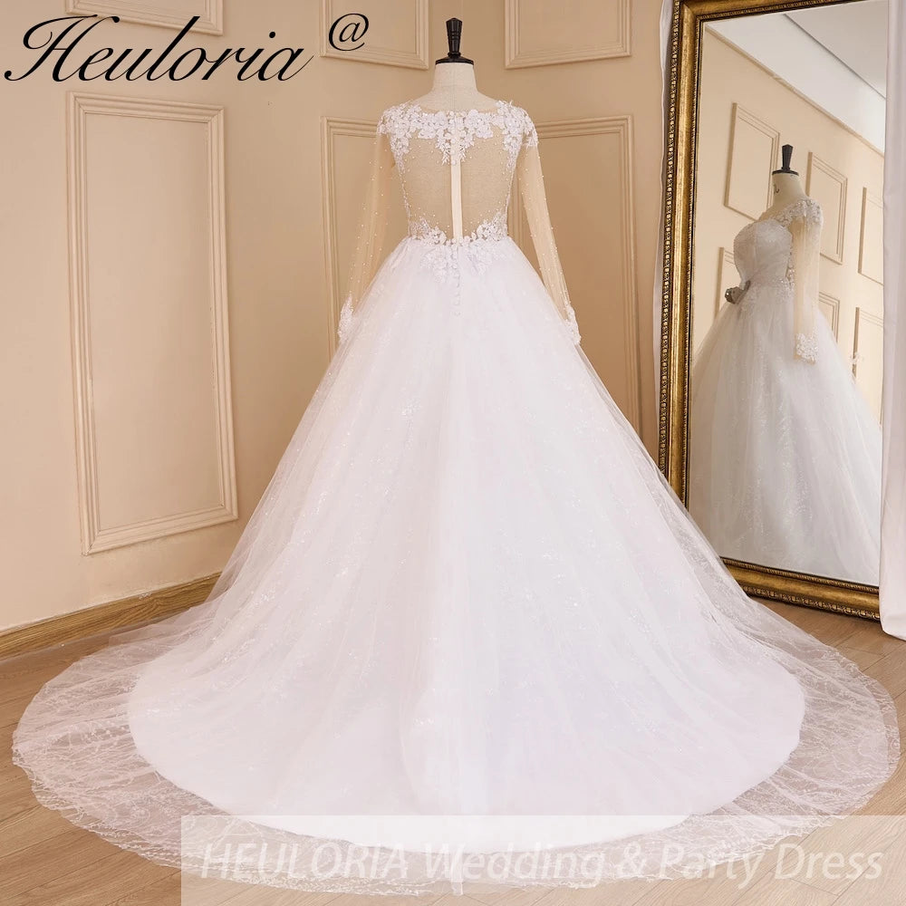 HEULORIA Princess Ball Gown Wedding Dress long sleeve sweetheart plus size robe de mariee Lace beading bride dress court train BA-649