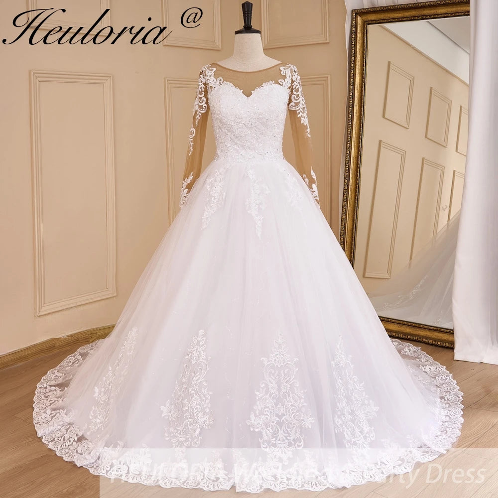 HEULORIA Princess Ball Gown Wedding Dress long sleeve sweetheart plus size robe de mariee Lace beading bride dress court train BA-648