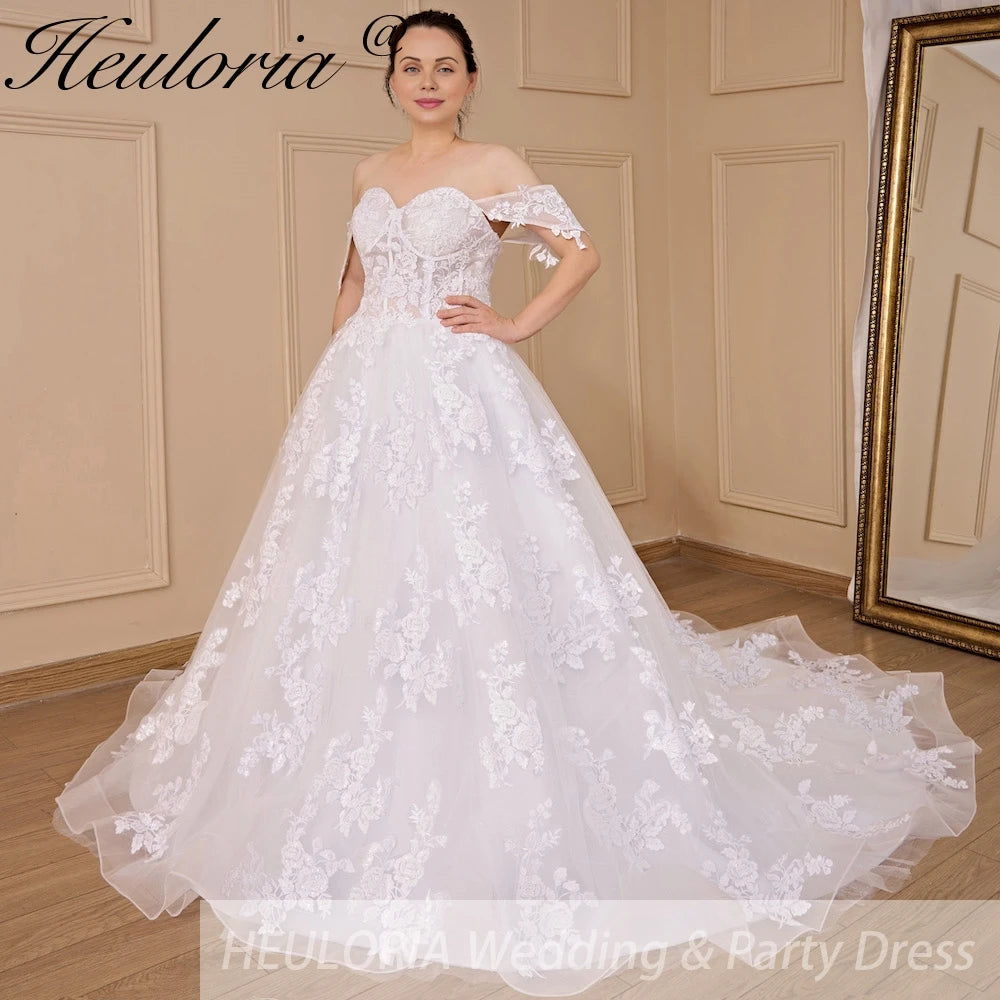 HEULORIA Princess Wedding Dress off shoulder bride dress plus size robe de mariee Lace beading Wedding Gown court train  BA-705