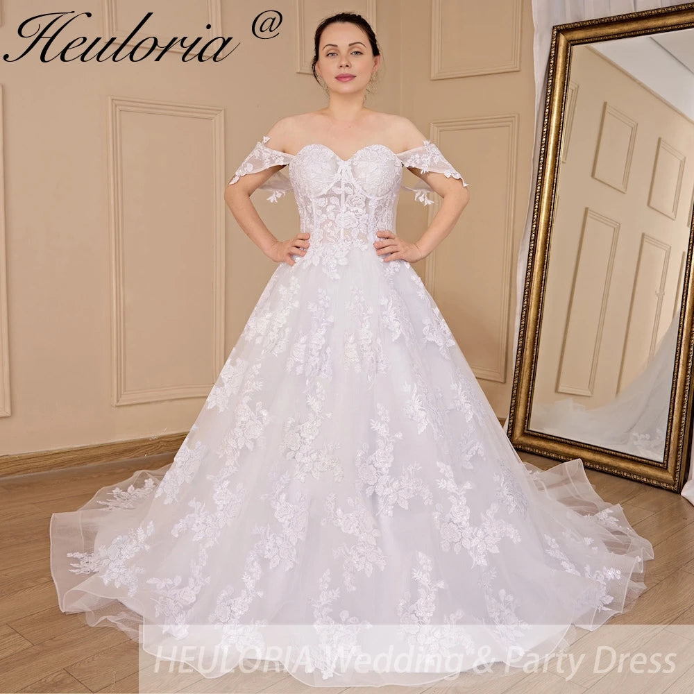 HEULORIA Princess Wedding Dress off shoulder bride dress plus size robe de mariee Lace beading Wedding Gown court train  BA-705