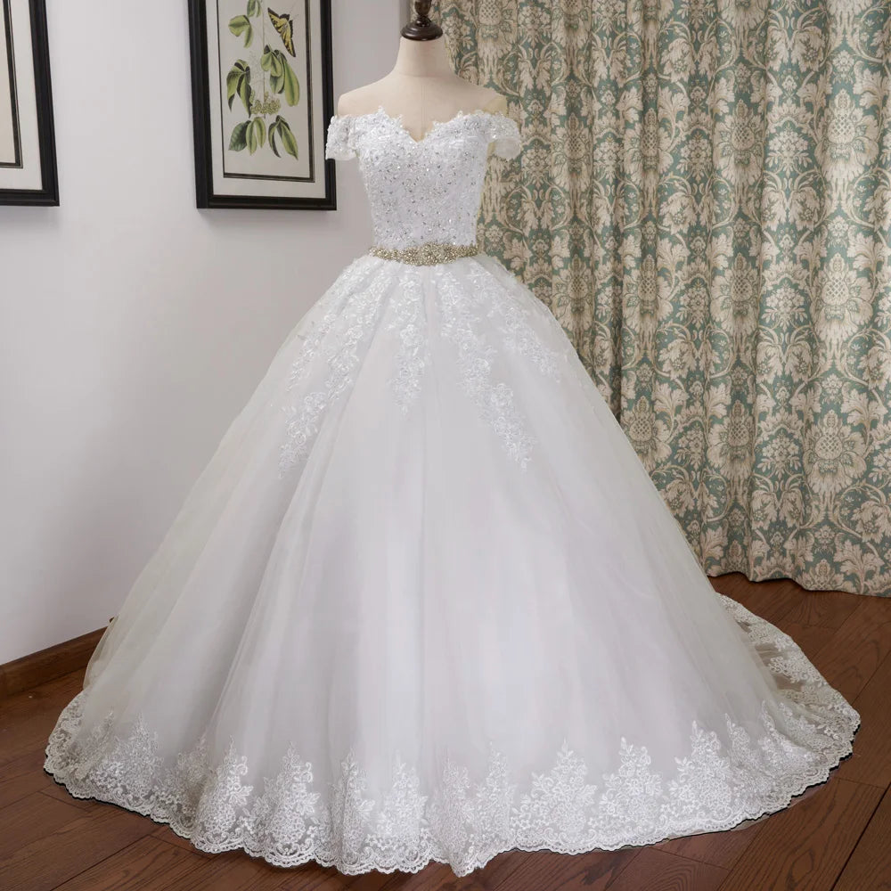 HEULORIA Princess Ball Gown Wedding Dress off shoulder bride dress lace up plus size robe de mariee Lace beading Wedding Gown BA-676