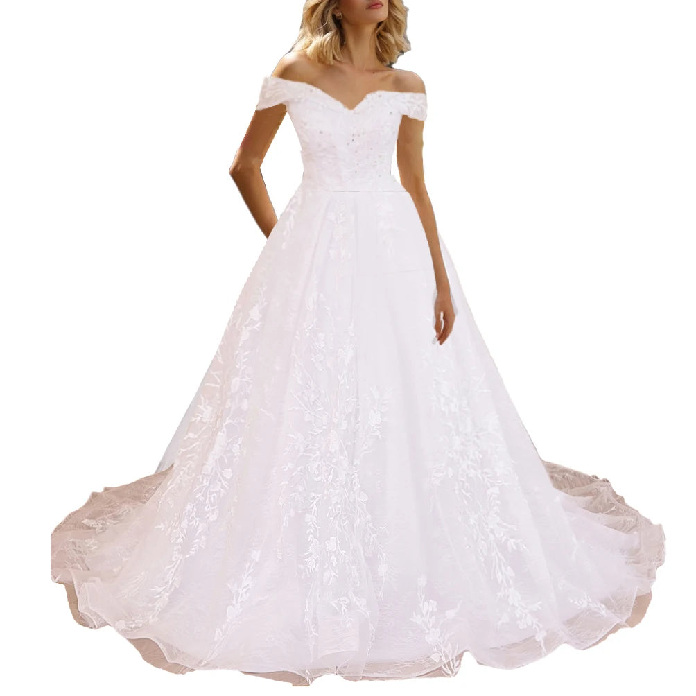 HEULORIA Princess Ball Gown Wedding Dress off shoulder bride dress lace up plus size robe de mariee Lace beading Bridal Gown BA-600A