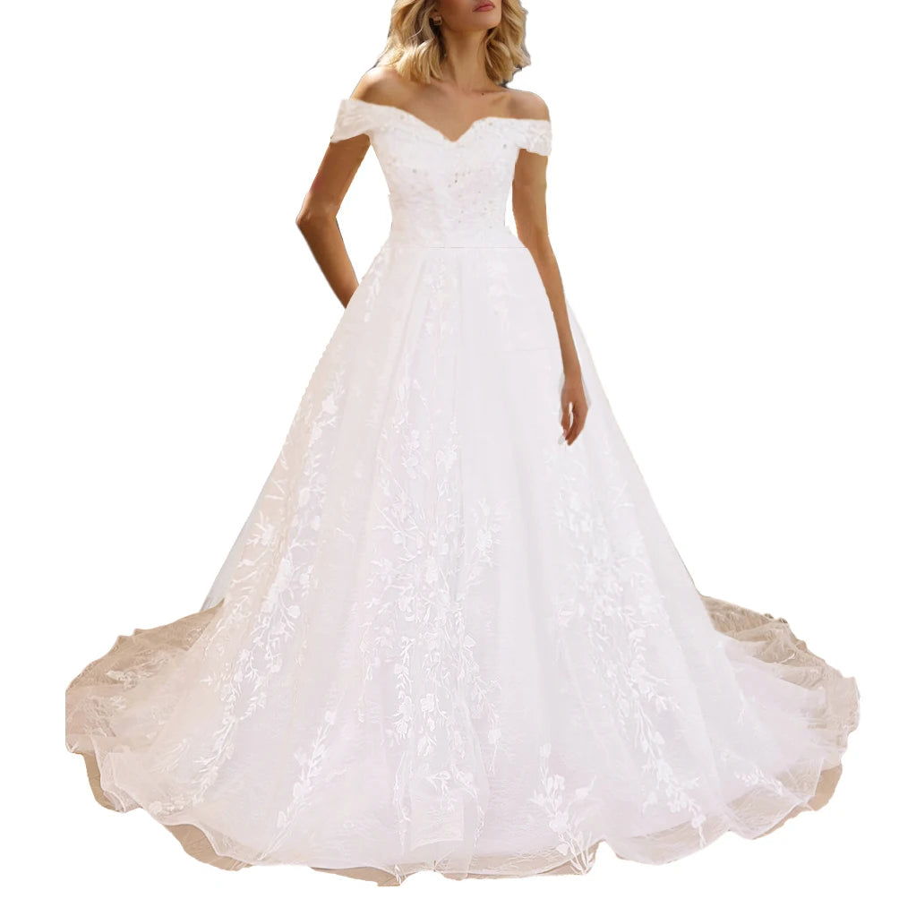 HEULORIA Princess Ball Gown Wedding Dress off shoulder bride dress lace up plus size robe de mariee Lace beading Bridal Gown BA-600A