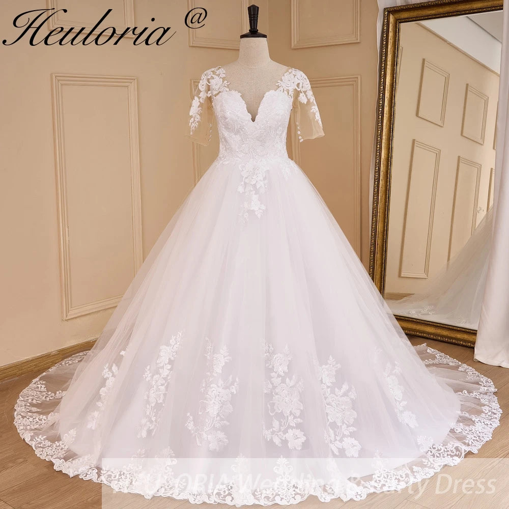 HEULORIA Princess Ball Gown Wedding Dress short sleeve lace applique plus size robe de mariee bride dress BA-650