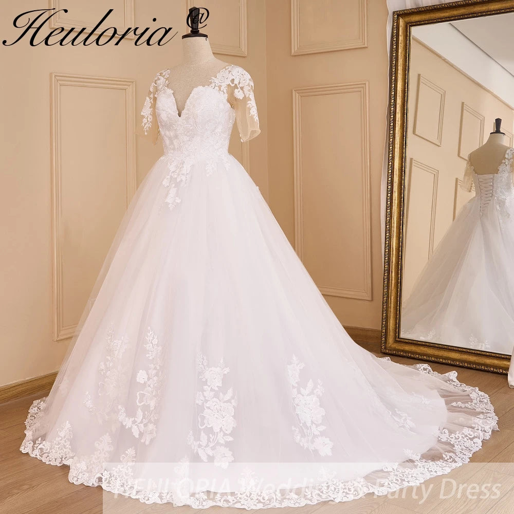 HEULORIA Princess Ball Gown Wedding Dress short sleeve lace applique plus size robe de mariee bride dress BA-650