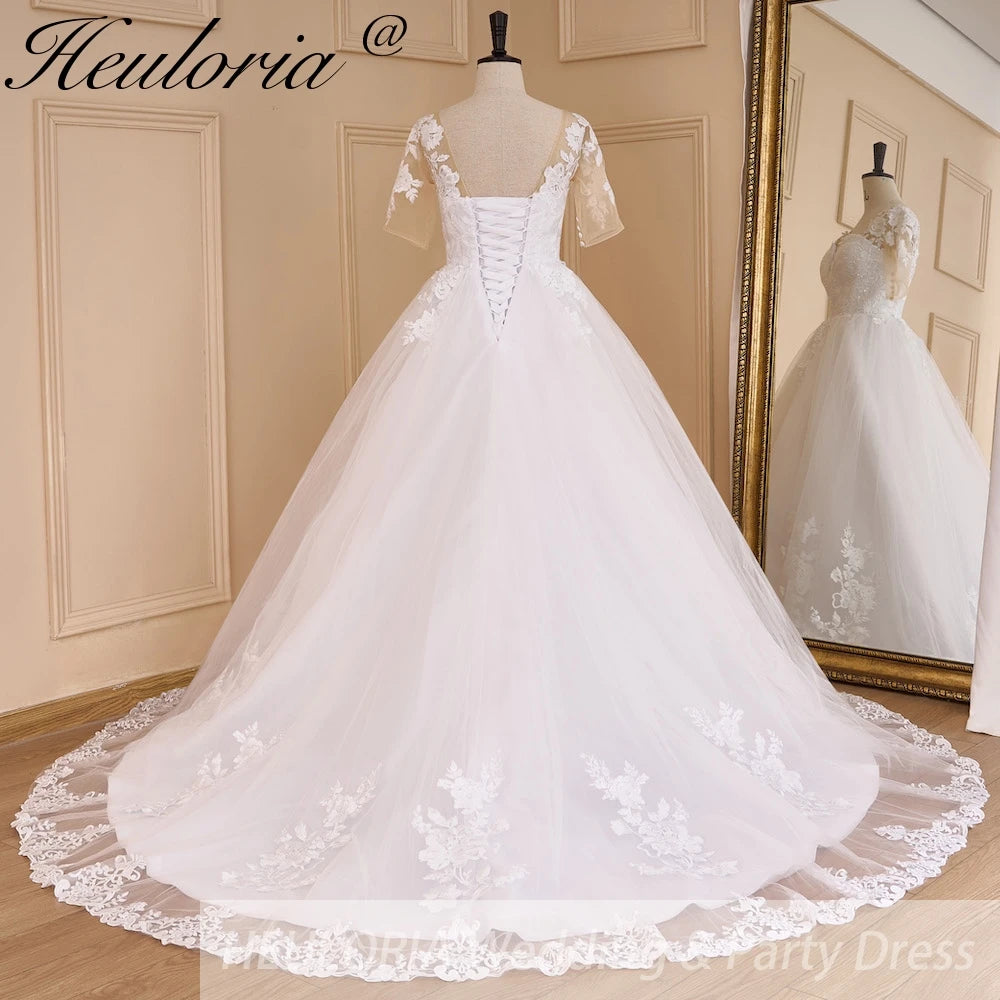 HEULORIA Princess Ball Gown Wedding Dress short sleeve lace applique plus size robe de mariee bride dress BA-650