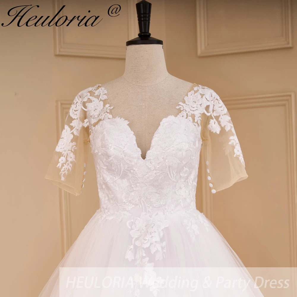 HEULORIA Princess Ball Gown Wedding Dress short sleeve lace applique plus size robe de mariee bride dress BA-650