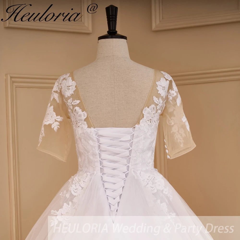 HEULORIA Princess Ball Gown Wedding Dress short sleeve lace applique plus size robe de mariee bride dress BA-650