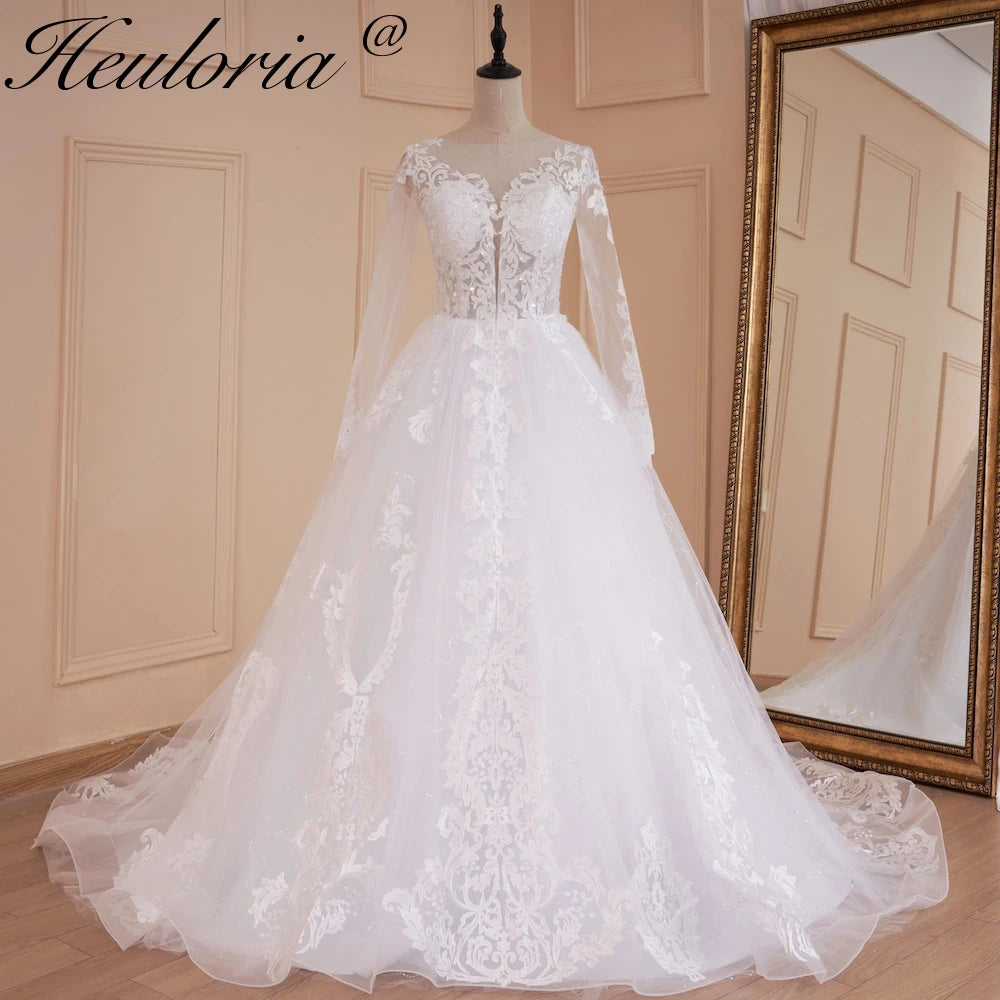 HEULORIA Princess Wedding Dress long sleeve bride dress plus size robe de mariee Lace beading shinny skirt Wedding Bridal Gown