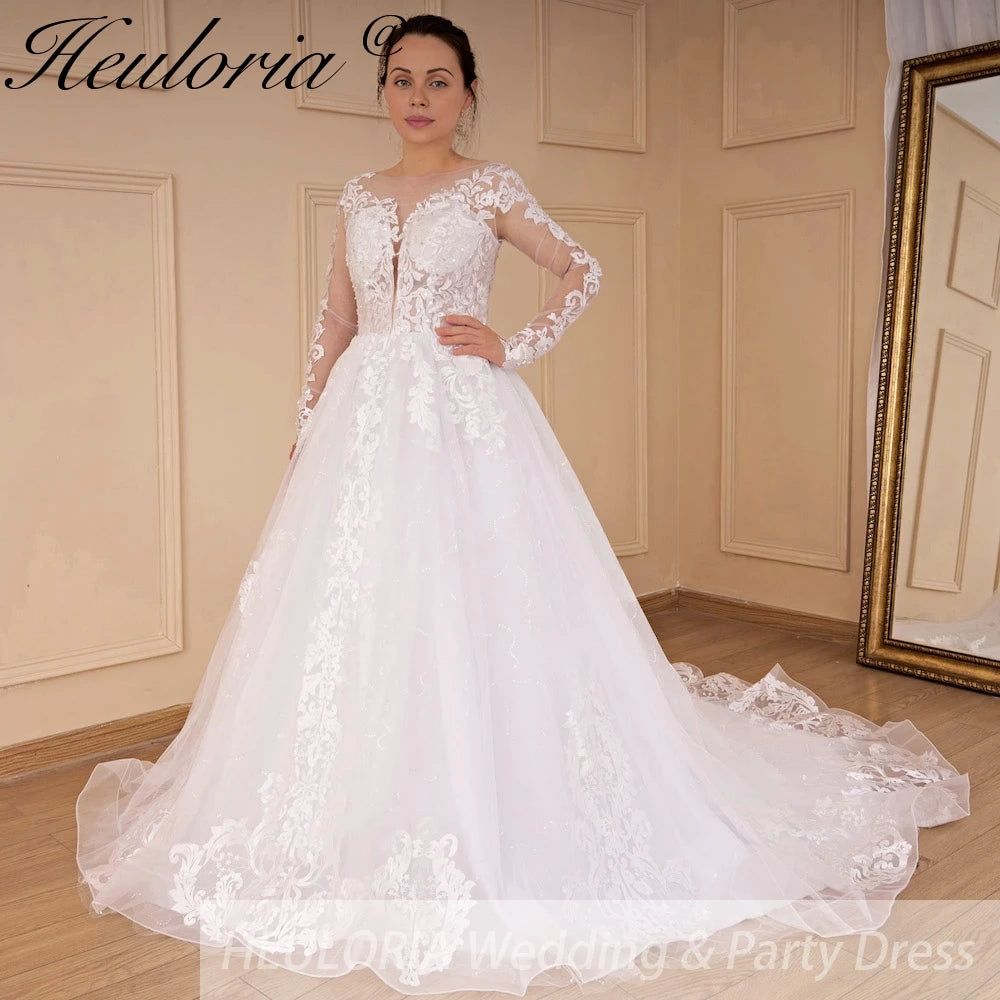 HEULORIA Princess Wedding Dress long sleeve bride dress plus size robe de mariee Lace beading shinny skirt Wedding Bridal Gown