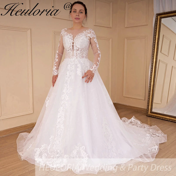 HEULORIA Princess Wedding Dress long sleeve bride dress plus size robe de mariee Lace beading shinny skirt Wedding Bridal Gown