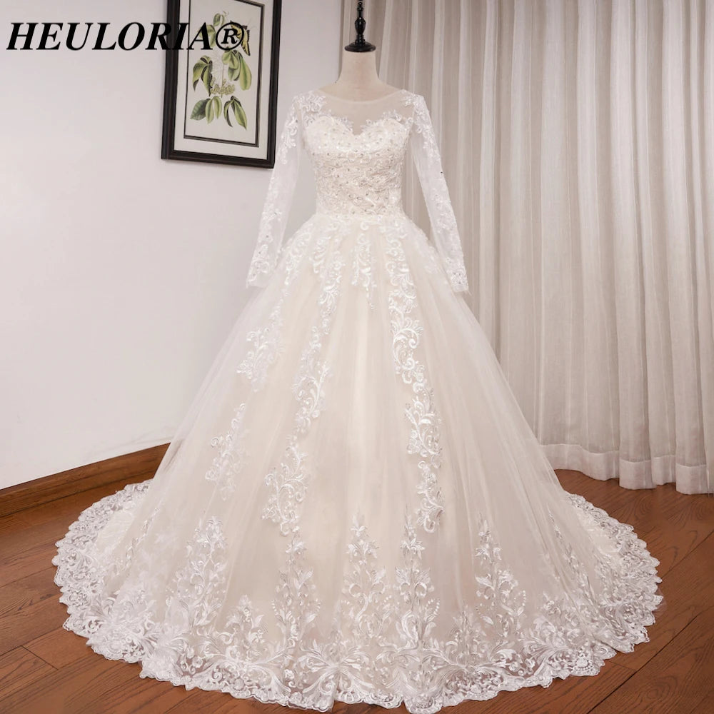 HEULORIA Princess Wedding Dress long sleeve lace beading robe de mariee Wedding Bridal Gown ball gown wedding dress plus size BA-617