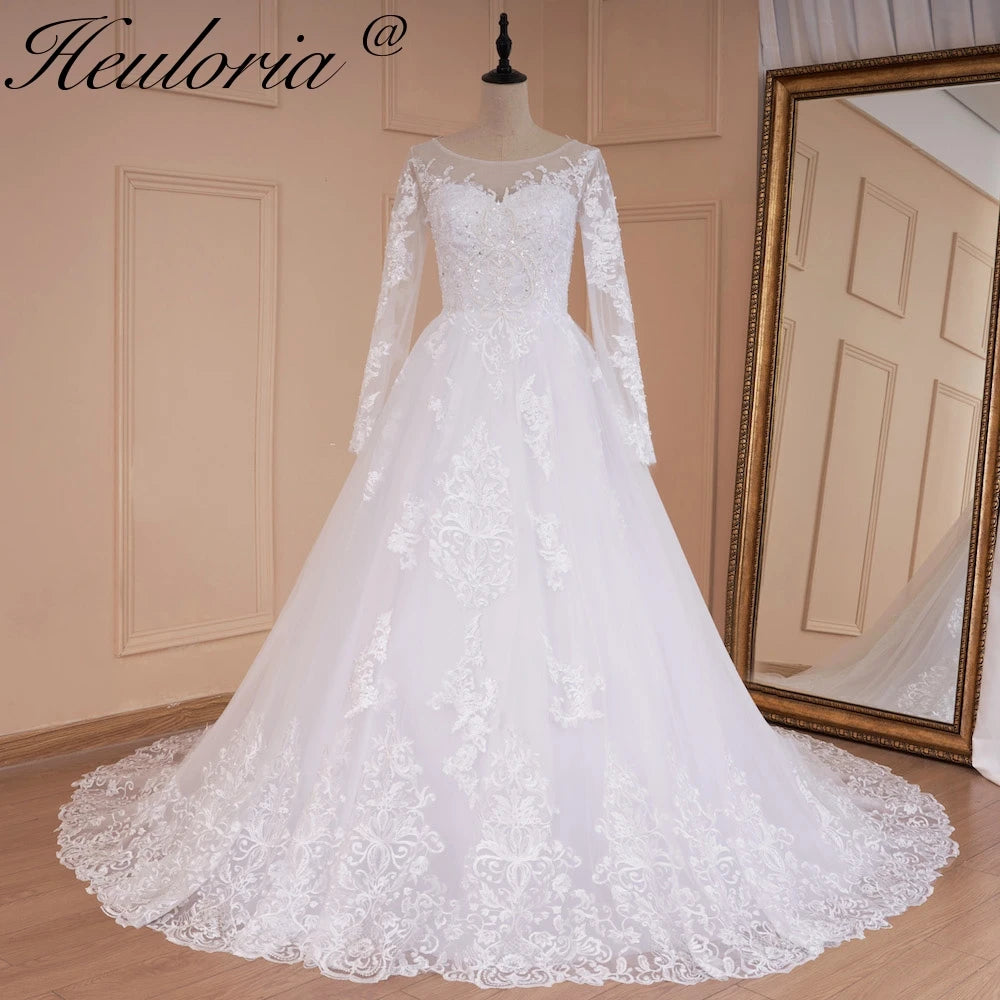 HEULORIA Princess Wedding Dress long sleeve sweetheart plus size robe de mariee Lace beading bride dress court train