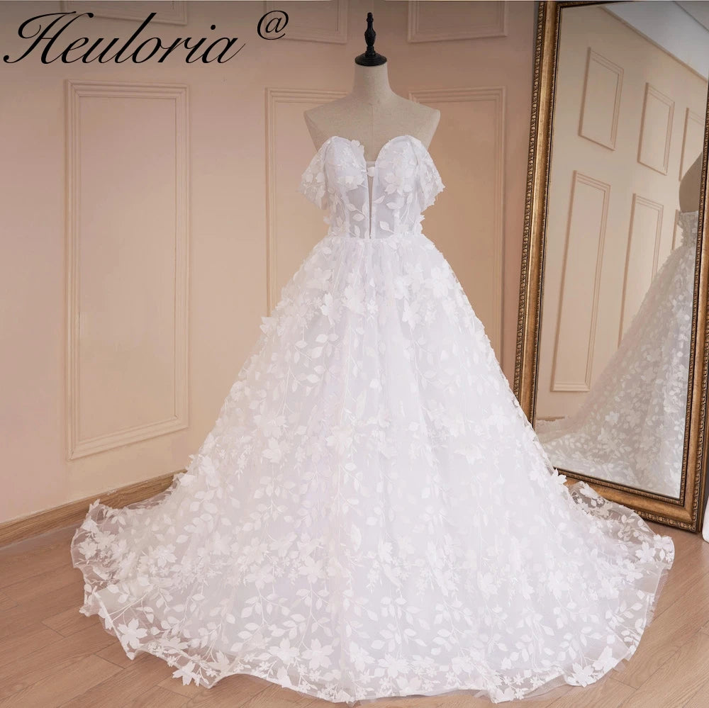HEULORIA Princess Wedding Dress off shoulder bride dress  plus size robe de mariee 3D floral Lace Wedding Bridal Gown BA-521A