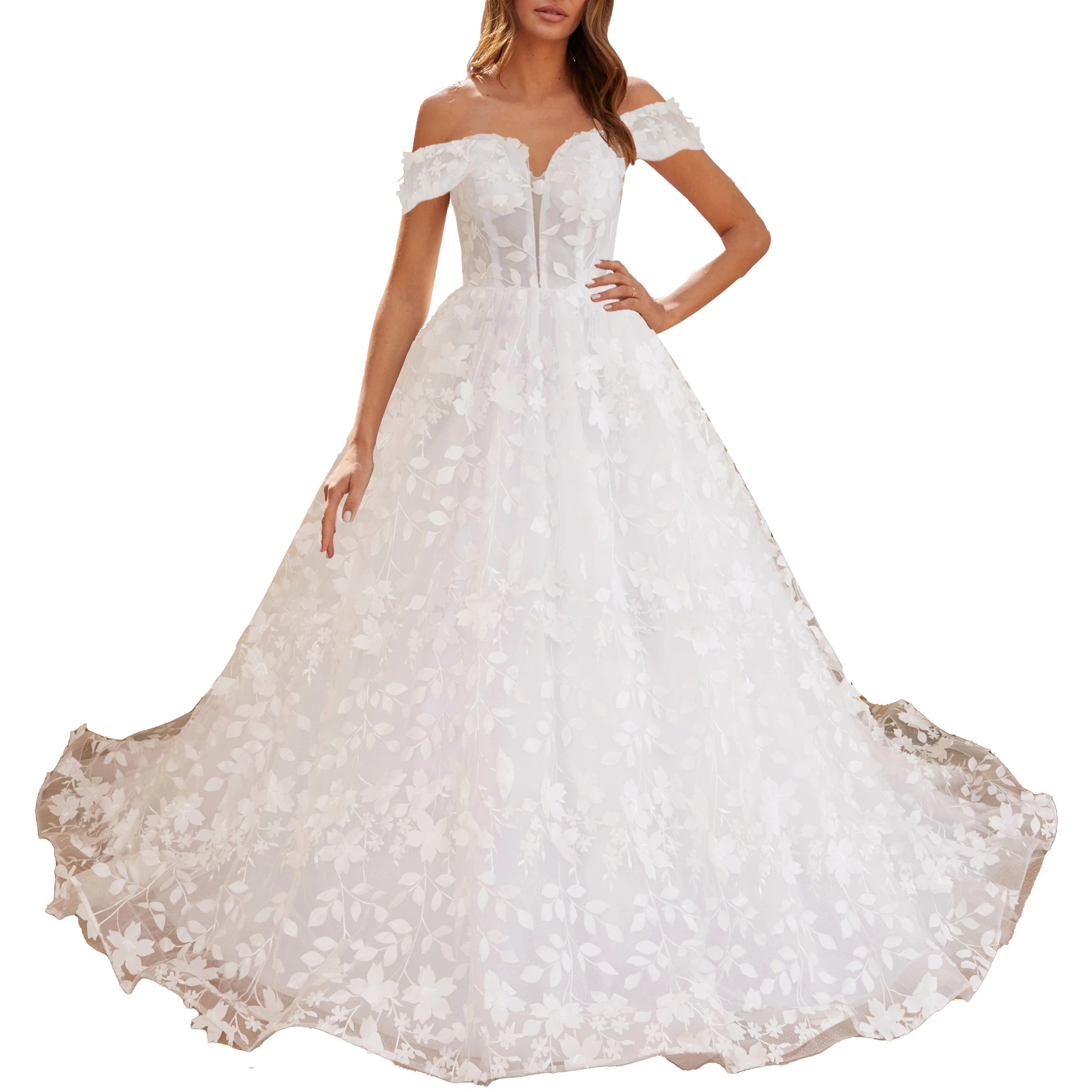 HEULORIA Princess Wedding Dress off shoulder bride dress  plus size robe de mariee 3D floral Lace Wedding Bridal Gown BA-531