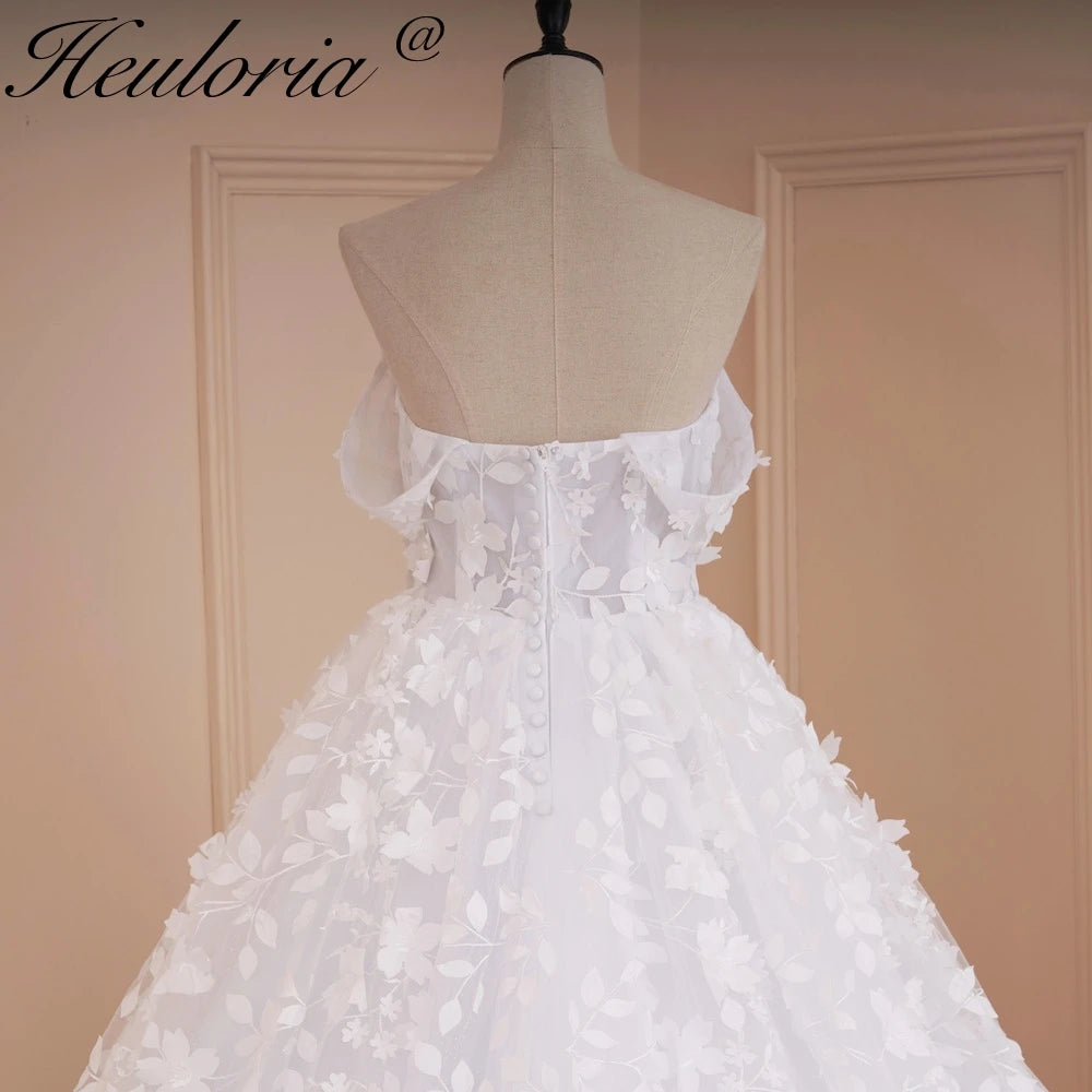 HEULORIA Princess Wedding Dress off shoulder bride dress  plus size robe de mariee 3D floral Lace Wedding Bridal Gown BA-521A