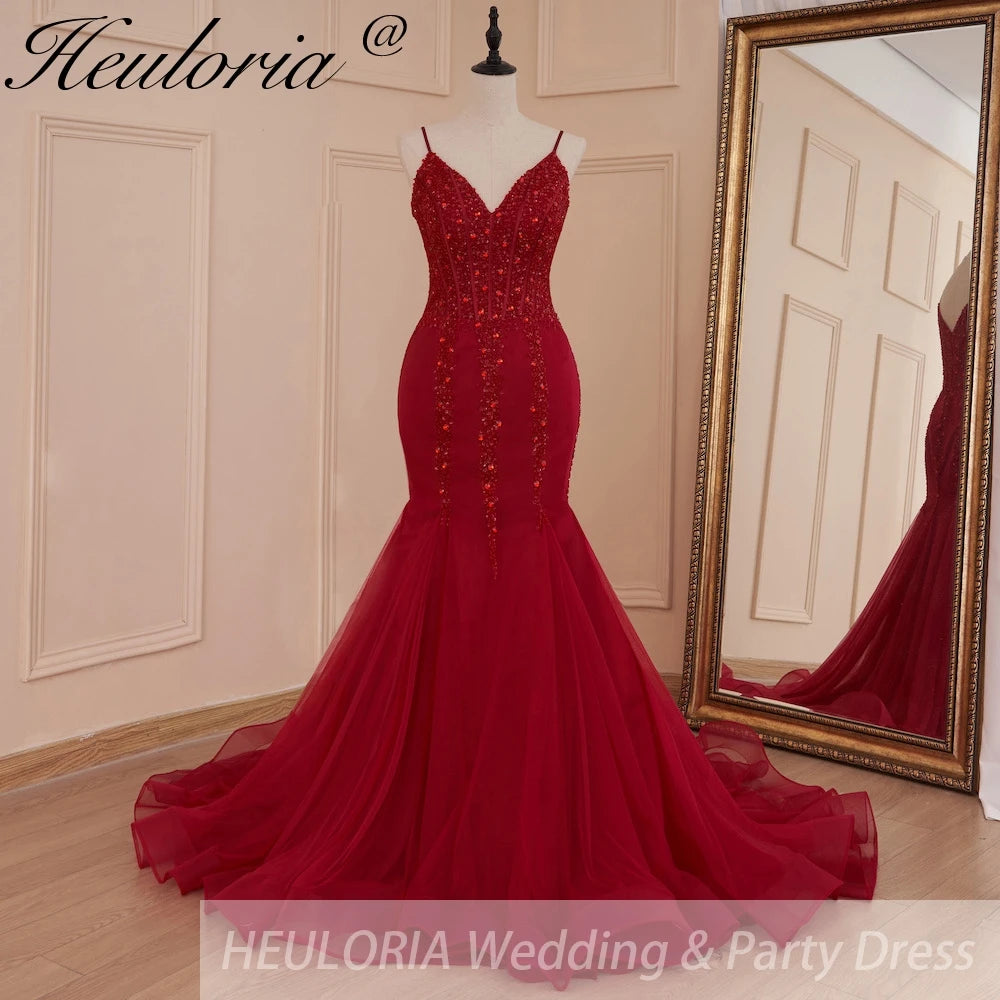 Burgundy Beaded Mermaid Evening Dress | V-Neck & Spaghetti Straps heuloria Burgundy Beaded Mermaid Evening Dress | V-Neck & Spaghetti Straps heuloria