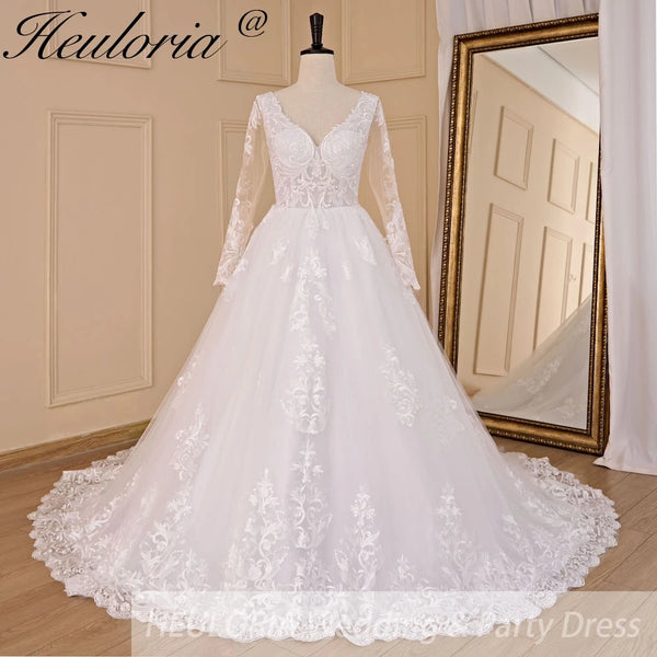 HEULORIA Ball-Gown/Princess V-Neck long sleeve Cathedral Train Tulle Lace Wedding Dress With Sequins