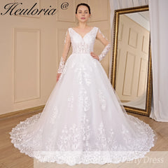 HEULORIA Ball-Gown/Princess V-Neck long sleeve Cathedral Train Tulle Lace Wedding Dress With Sequins BA-721