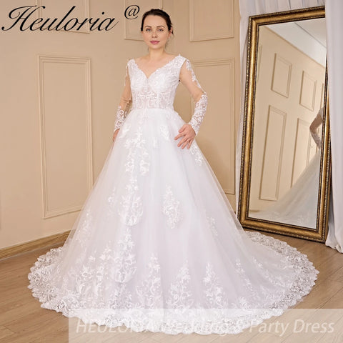HEULORIA Ball-Gown/Princess V-Neck long sleeve Cathedral Train Tulle Lace Wedding Dress With Sequins