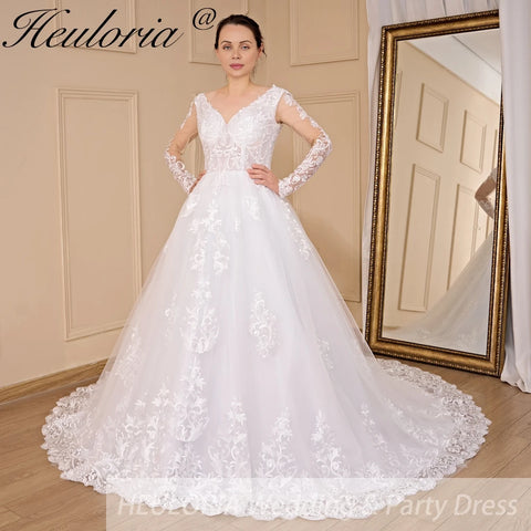 HEULORIA Ball-Gown/Princess V-Neck long sleeve Cathedral Train Tulle Lace Wedding Dress With Sequins
