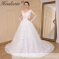 HEULORIA Ball-Gown/Princess V-Neck long sleeve Cathedral Train Tulle Lace Wedding Dress With Sequins BA-721