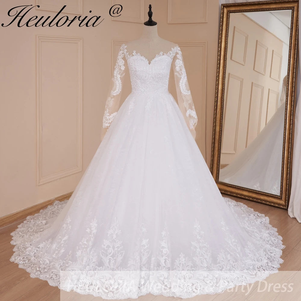 HEULORIA Vintage Wedding Dress long sleeve lace applique princess bride dress robe de mariee court train BA-547A Immagine principale del prodotto