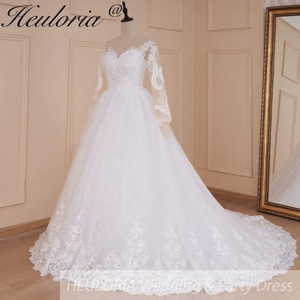 Long Sleeve Lace Wedding Dress | Illusion Neckline Ball Gown | Heuloria White / Custom size / 50cm Long Sleeve Lace Wedding Dress | Illusion Neckline Ball Gown | Heuloria White / Custom size / 50cm